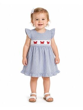 LK NW Good Lad Smocked Crab Dress Blue Seersucker Sz 18M